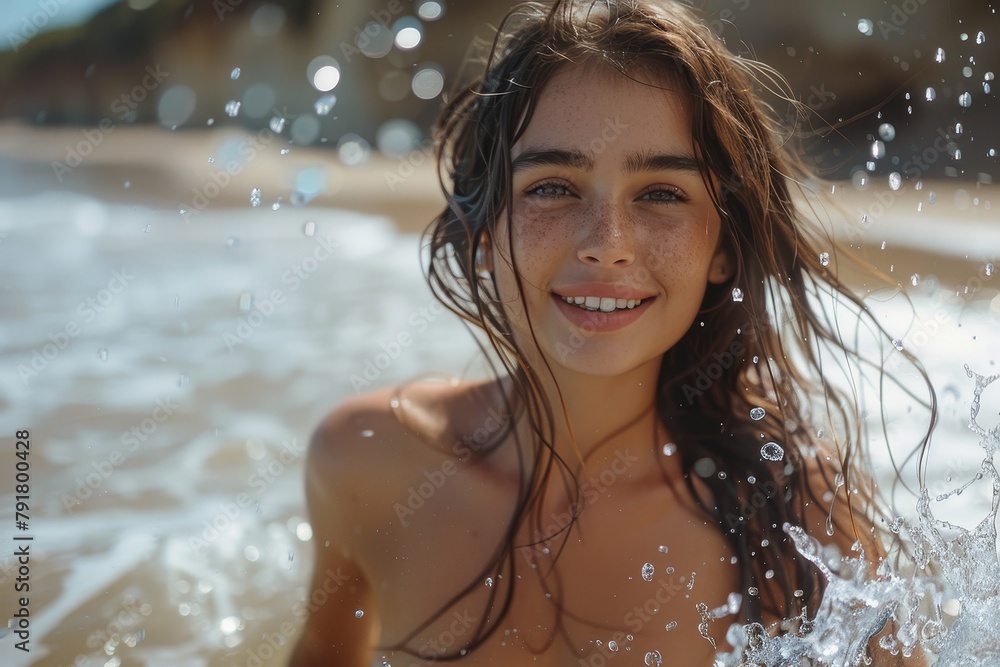 Obraz premium A young girl smiles brightly as splashes of ocean water surround her, capturing youthful joy and summer vibes