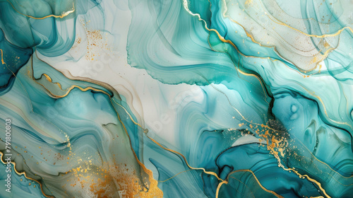 Abstract marble alcohol ink gold and blue green background banner. Creative backdrop for wedding invitation, business background.