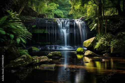 Serene waterfall photography wall art for a bathroom  creating a peaceful retreat with soothing water sounds and lush greenery
