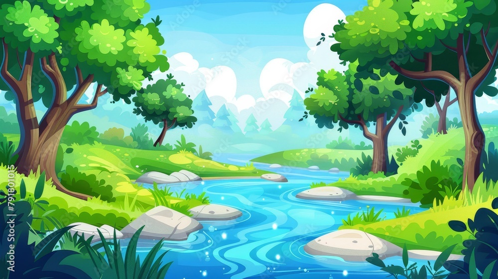 River flowing through forest. Modern illustration of jungle, park or garden with bushes and brook with green trees, grass and water stream. Illustration of jungle, wild park or garden with green