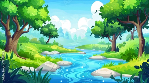 River flowing through forest. Modern illustration of jungle  park or garden with bushes and brook with green trees  grass and water stream. Illustration of jungle  wild park or garden with green