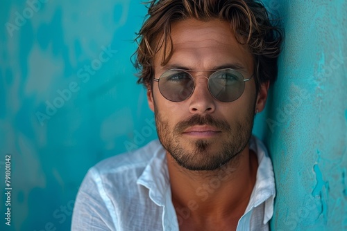 Stern man with intense gaze and lightly tinted sunglasses against a blue wall photo