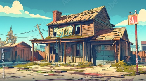 A broken roof, boarded up windows, and a sign for sale. A dilapidated, abandoned home for sale. A modern cartoon drawing of a derelict wooden house, a forgotten ramshackle cottage with a garage.