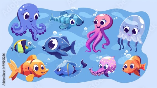 A tropical aquatic fauna in modern format, with cute sea animals such as fish, octopus, jellyfish. Funny seahorses and puffer fish.