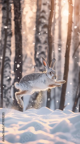 Showcasing a wild rabbit mid-leap amidst a snowy landscape, this image captures the essence of winter wildlife © gunzexx png and bg
