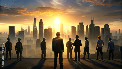 A group of hard hat workers in silhouette against a sunrise over a modern cityscape.Golden hues of dawn cast a warm glow over the scene,creating a sense of new beginnings or the day starting anew.AI photo