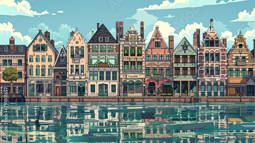 Modern cartoon illustration of 19th century city street with old vintage architecture and lake promenade, European colonial victorian style. Retro cityscape river shore.
