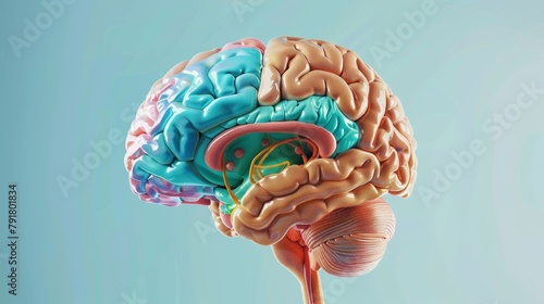 Anatomy of human brain lobes illustrated in colors. Sagittal view of the brain. Isolated on white.