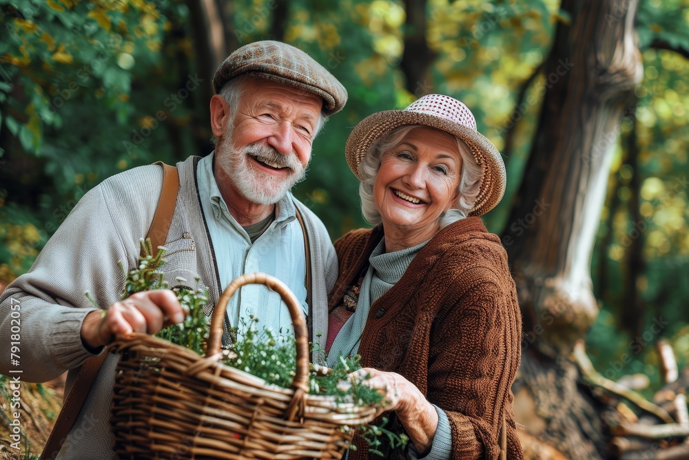 A happy elderly couple enjoys gathering herbs in a basket during an outdoor leisure activity A happy elderly couple enjoys gathering herbs in a basket during an outdoor leisure activity