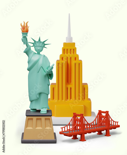 Statue of Liberty, Empire State Building, Golden Gate Bridge