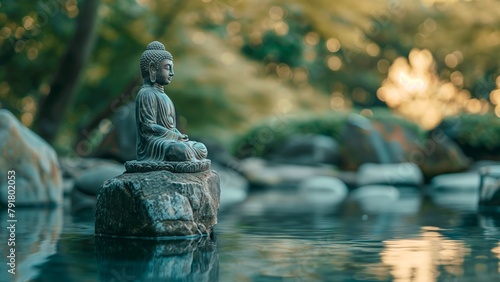 The Buddha statue is on a rock in the pond on a blurred park background.