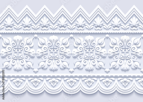 Modern vector volumetric floral ornamental stripe border. Trendy craft style illustration. 3d effect imitation