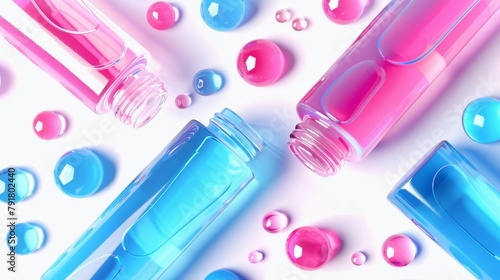 3D nail polish bottles mockup banner, falling glass tubes of blue and pink colors spill out and mix on white background. Promote cosmetics and make-up products. photo