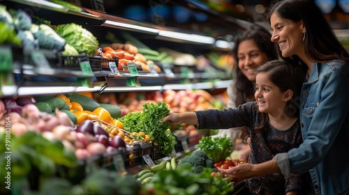 Generative AI : A family shopping in the grocery store, smiling and holding vegetables on shelves photo