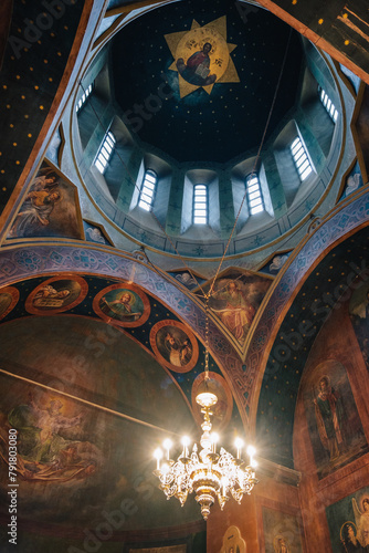 19th century orthodox frescoes inside the Mama Daviti church (also called Mtatsminda Pantheon) in Tbilisi, Georgia photo