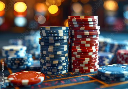 Casino theme. High contrast image of casino roulette poker game dice game poker chips on gaming table all on colorful bokeh background.