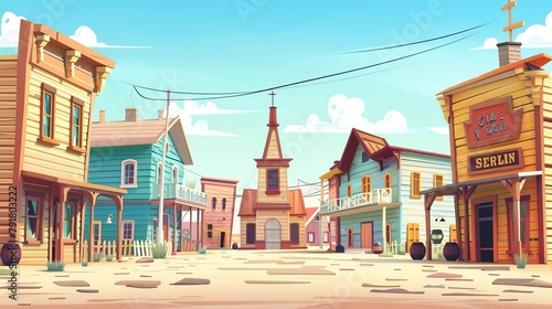 An old western town with wooden buildings to use for game guis. This modern cartoon illustration depicts an old western city street with a catholic church, saloon, sheriff's office, bank, hotel, © Mark