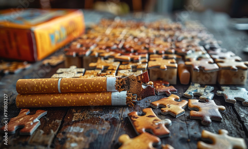 Cigarettes and puzzle pieces on wooden table