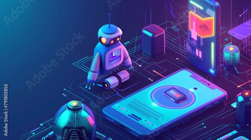 Infrared beacon technology banner. Concept for Internet of Things system. Modern landing page logo. Isometric smartphone and robot on blue background.