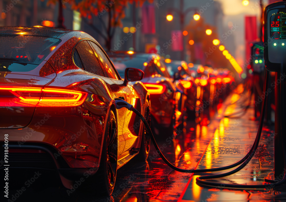 Cars are being charged at the gas station at night Cars are being charged at the gas station at night
