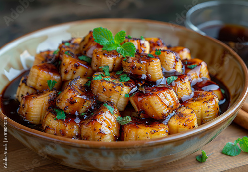 Fried tofu with sauce in bowl