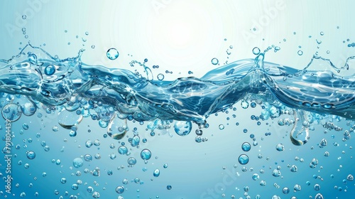Water wave with bubbles and drops. Modern illustration with realistic clear blue aqua surface on transparent background. Lines of pure liquid drink flowing on the surface of the water.