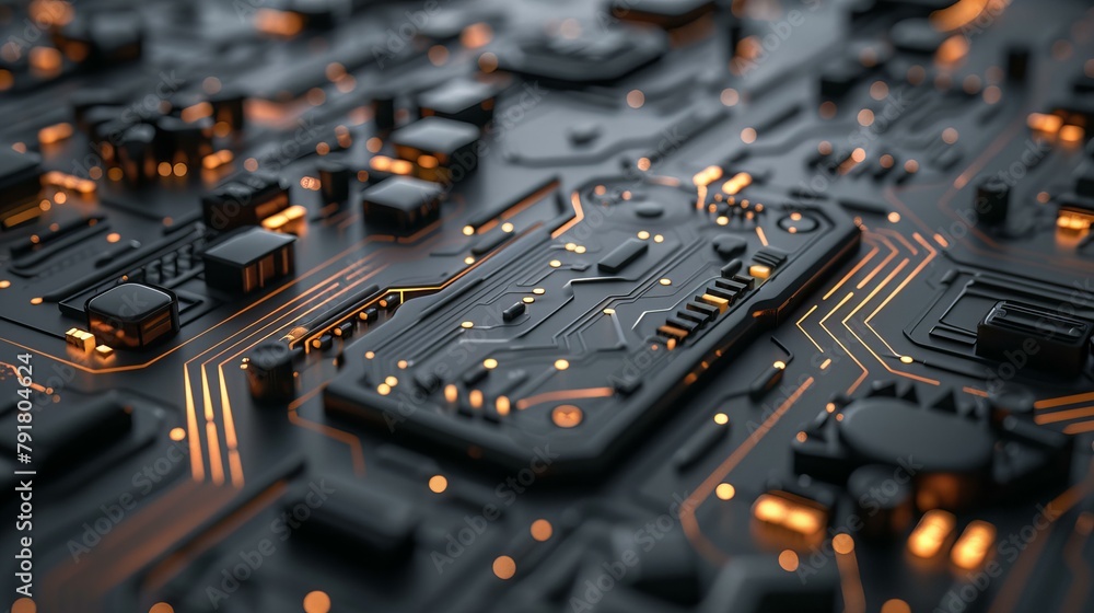 Sleek circuit board-inspired design with metallic accents. Minimalist and modern Sleek circuit board-inspired design with metallic accents. Minimalist and modern