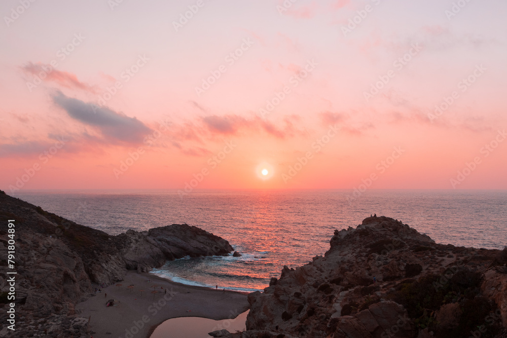 Beautiful Nas beach with Chalares river bed at sunset, Ikaria, Greece