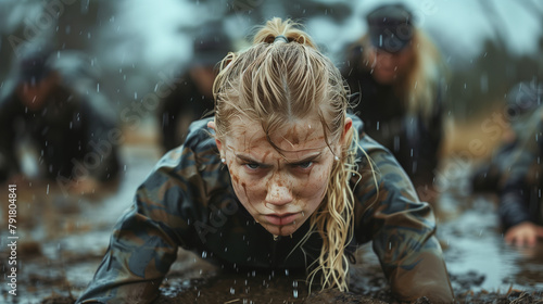 Woman performing a mud crawl during a tough military training exercise.
