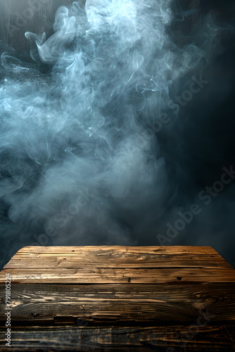 Soft Blue Smoke Floating Over Timber Surface, Generative AI