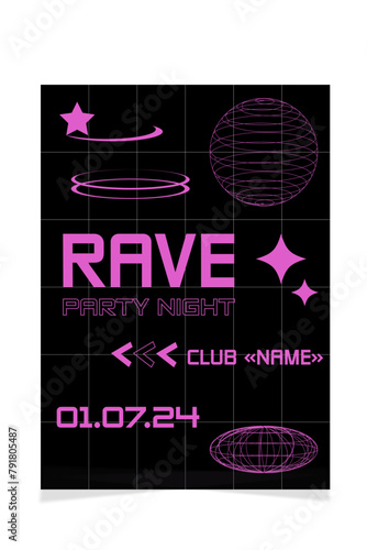 Y2K 3D wireframe poster. Retro cyberpunk style. Set of retro futuristic elements