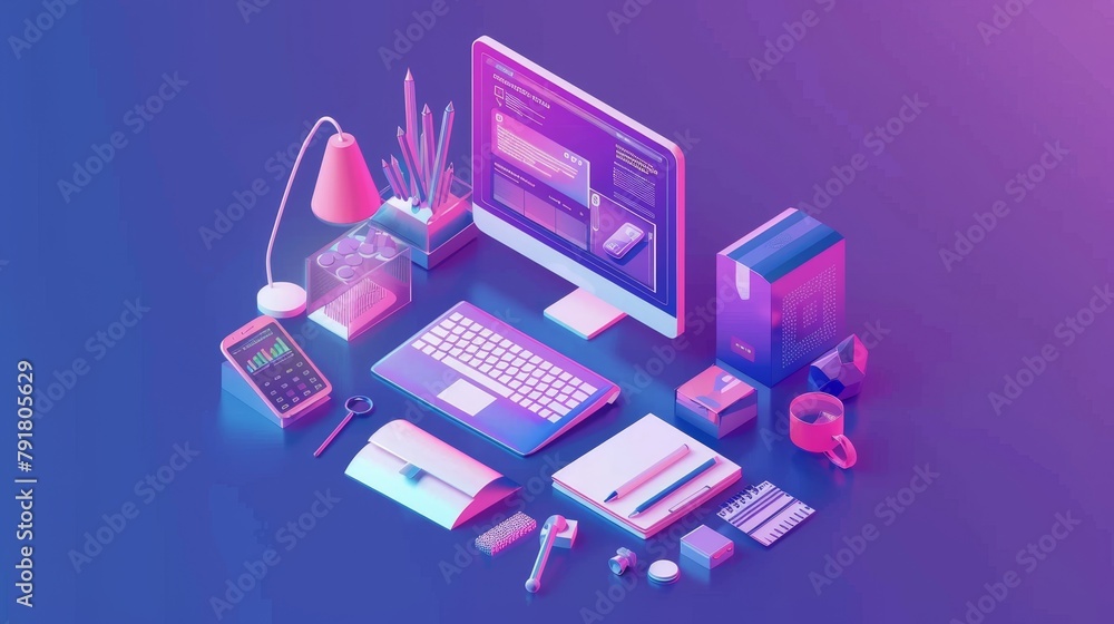 Isometric landing page for graphic designer, computer desktop, tablet pc with painting application, tools and equipment for creative jobs, illustrator equipment, 3D modern web banner for graphic