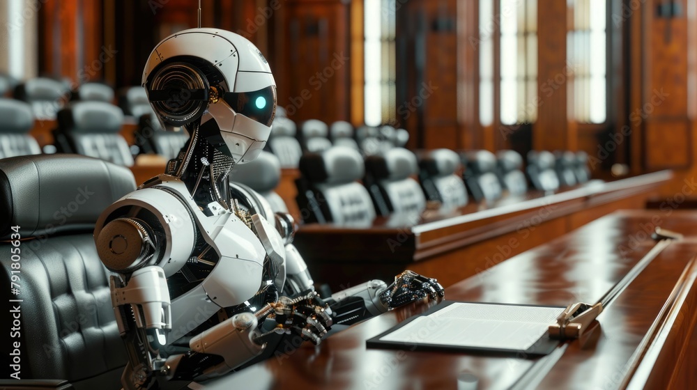 Fototapeta premium Powered Robot Lawyer Presenting Arguments in Futuristic Courtroom Setting