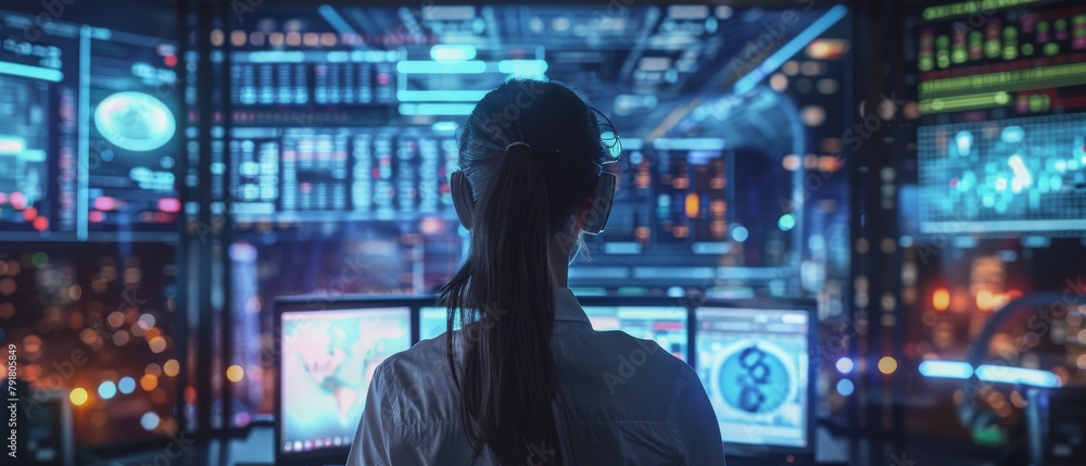 A female engineer controller watches as the system works. People are working in the background and monitors display various information in the background. A female engineer controller watches as the system works. People are working in the background and monitors display various information in the background.