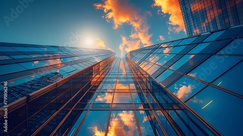 Generative AI   Skyscraper glass facades on a bright sunny day with sunbeams in the blue sky.
