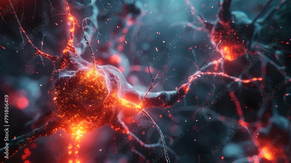 Vibrant Neural Network Firing:Intricate 3D Rendering of Biological Brain Activity - obrazy, fototapety, plakaty 