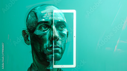 Tête d'homme avec un demi tablette placée devant son visage photo