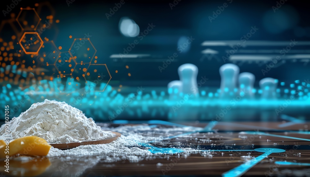 A closeup shot of a rustic wooden table overflowing with colorful baking ingredients, flour spilling onto the surface like freshly fallen snow - obrazy, fototapety, plakaty 