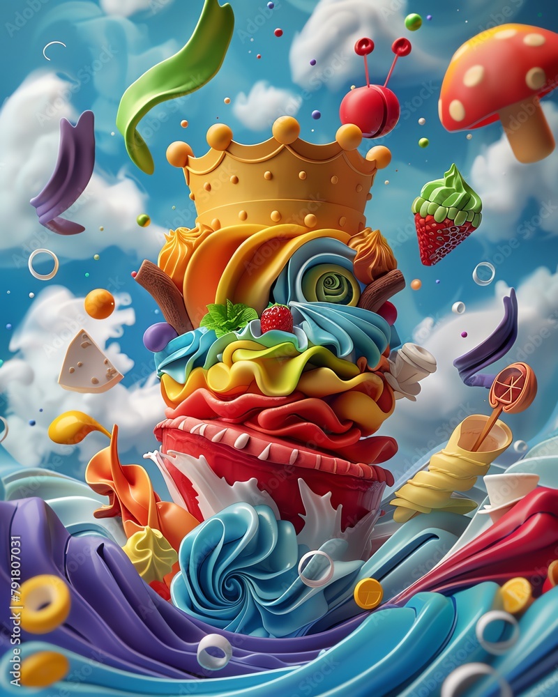Craft a whimsical scene featuring a clay sculpture of a chefs hat wearing a crown, surrounded by swirling vortexes of vectorized food items in a surreal culinary realm Embrace the vibrancy of colors t