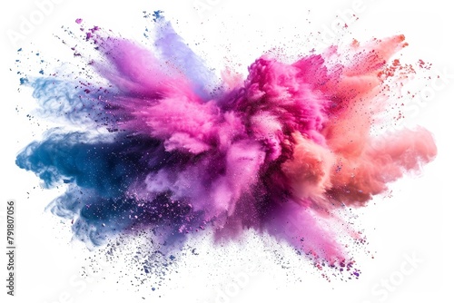 A centered explosion of colorful powder on a white background photo