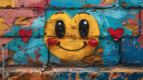 Yellow smiley face painted on an old wall in graffiti style.