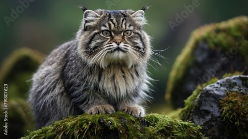 Beautiful chonky fluffy wild cat sitting on the moss covered rock. Beautiful kitty close-up portrait animal photography illustration wallpaper with blur bokeh effect. Felis catus. 