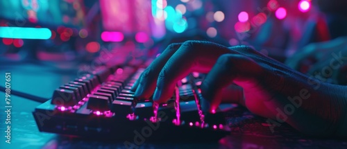 Close-up of rows of gamer's hands on keyboards, actively activating buttons while playing MMO games online against a neon-lit background. photo