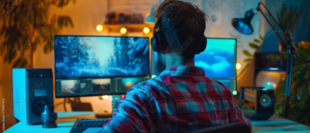 His office is a modern loft studio with two displays where he edits and cuts video and audio. His office is a modern loft studio with two displays where he edits and cuts video and audio.