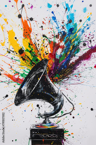 Modern art painting of a gramophone where colorful paints spurt out of the horn, illustration made with Generative Ai