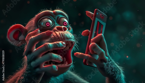 A humorous shot of a monkey trying to use a smartphone, its fingers fumbling awkwardly across the touchscreen, evoking a sense of humanlike curiosity