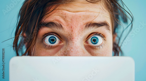Femme avec les yeux écarquillés derrière un écran