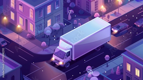Isometric landing page for refrigerator transportation. A moving van with cold freight riding along a GPS navigator route. Distribution 3D modern banner. photo