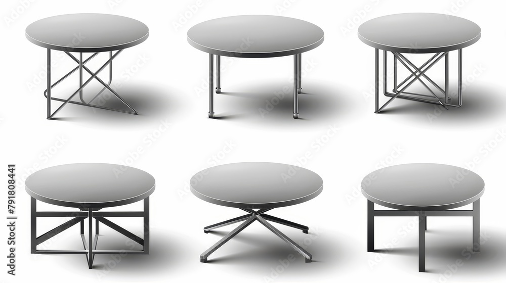 Round and square metal tables with cross legs for kitchen, cafe or restaurant. Modern realistic set of cocktail, coffee or dining tables with cross legs. Round and square metal tables with cross legs for kitchen, cafe or restaurant. Modern realistic set of cocktail, coffee or dining tables with cross legs.
