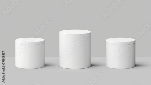 White pedestals, empty 3D stands of different shapes. Modern realistic set of blank podiums for exhibitions, showcases. Template of presentation platforms.